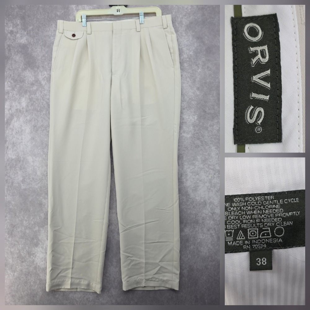 Orvis Pleated Front Dress Pants Mens 38x32 Khaki Beige Flap Pocket Trousers